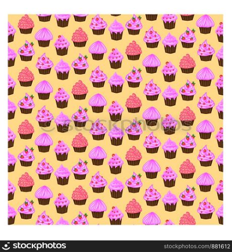 Seamless pattern of appetizing cupcakes with pink cream
