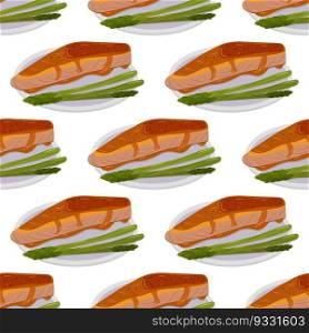 Seamless pattern of Asian food. Salmon in garlic honey glaze with asparagus plate decorated with black sesame seeds. Wallpaper, background, flyer, fabric design. Vector illustration.