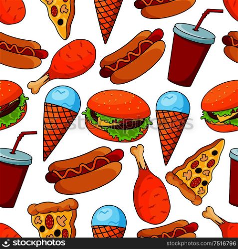 Seamless pattern of assorted tasty fast food with cheeseburger and thin slices of pepperoni pizza, hot dogs and fried chicken legs, mint ice cream cones and red paper cups of sweet soda on white background. Seamless pattern of tasty fast food
