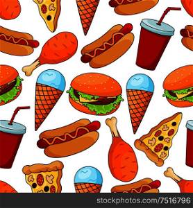 Seamless pattern of assorted tasty fast food with cheeseburger and thin slices of pepperoni pizza, hot dogs and fried chicken legs, mint ice cream cones and red paper cups of sweet soda on white background. Seamless pattern of tasty fast food