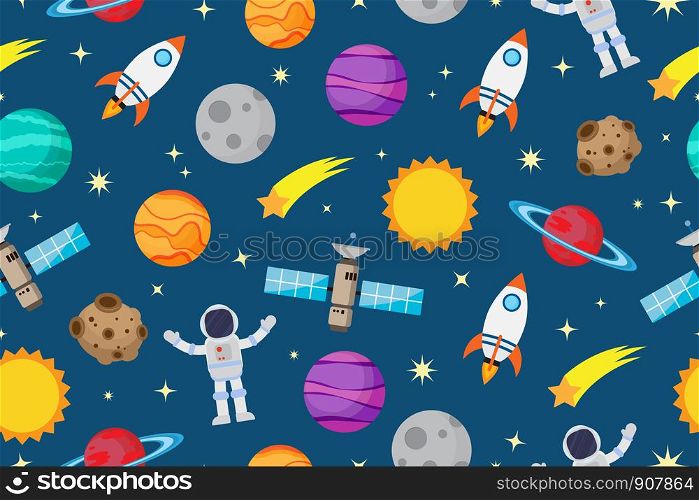 Seamless pattern of astronauts and planet in space galaxy background - Vector illustration