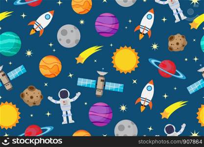 Seamless pattern of astronauts and planet in space galaxy background - Vector illustration
