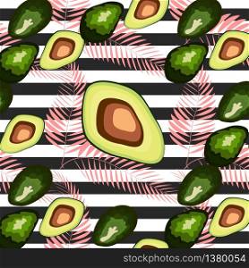Seamless pattern of avocado fruit with on a striped background. Organic vegetarian avocado seamless repeating pattern - flat style illustration