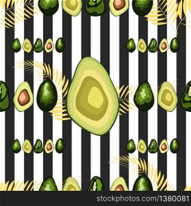 Seamless pattern of avocado fruits with palm leaves dypsis lutescens on a striped background.. Seamless pattern of avocado fruits with palm leaves on a striped background.