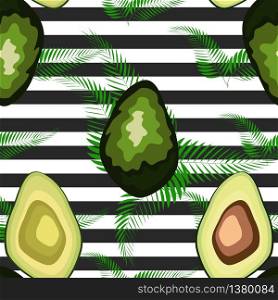 Seamless pattern of avocado fruits with palm leaves dypsis lutescens on a striped background.. Seamless pattern of avocado fruits with palm leaves on a striped background.