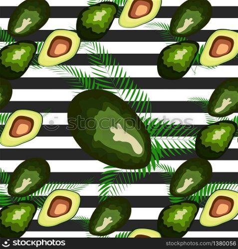 Seamless pattern of avocado fruits with palm leaves on a striped background.