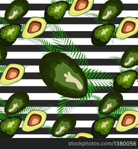 Seamless pattern of avocado fruits with palm leaves on a striped background.