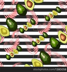 Seamless pattern of avocado fruits with palm leaves on a striped background.. Seamless pattern of avocado fruits with palm leaves on a striped background