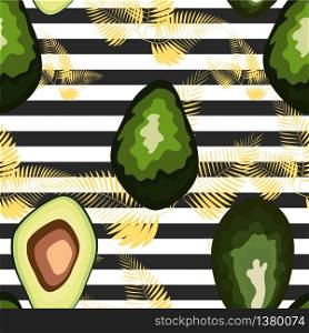 Seamless pattern of avocado fruits with palm leaves on a striped background.. Seamless pattern of avocado fruits with palm leaves on a striped background