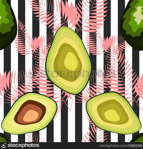 Seamless pattern of avocado fruits with palm leaves on a striped background.. Seamless pattern with fresh avocado, hand drawn backdrop. Colorful illustration, raw food. Overlapping background with vegetables.