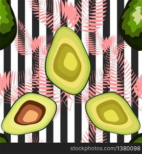 Seamless pattern of avocado fruits with palm leaves on a striped background.. Seamless pattern with fresh avocado, hand drawn backdrop. Colorful illustration, raw food. Overlapping background with vegetables.