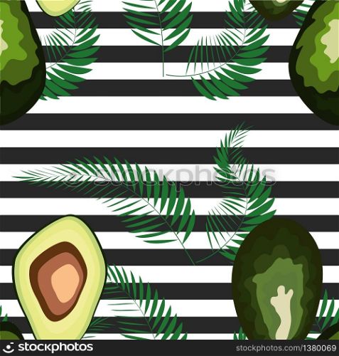 Seamless pattern of avocado with palm leaves dypsis lutescens on a striped background.. Seamless pattern of avocado fruits with palm leaves on a striped background.