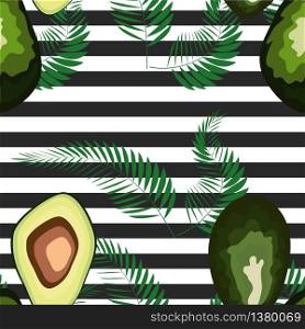 Seamless pattern of avocado with palm leaves dypsis lutescens on a striped background.. Seamless pattern of avocado fruits with palm leaves on a striped background.