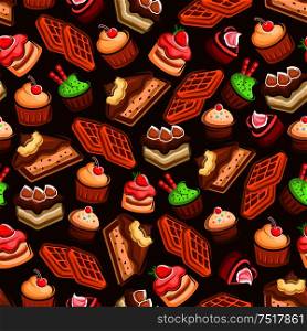 Seamless pattern of awesome chocolate cakes with cream and frosting decorations, cupcakes and muffins with fresh fruits and berries, belgian sugar waffles over brown background. Confectionery and pastry design. Cakes, cupcakes and waffles seamless pattern