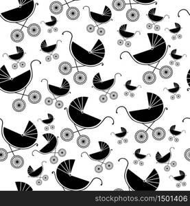 Seamless pattern of baby strollers. Vector illustration. Background