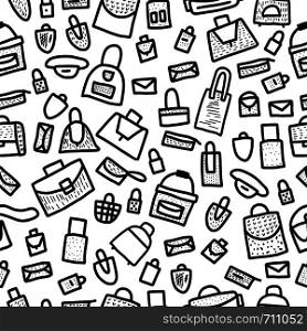 Seamless pattern of bags in doodle style. Hand drawn woman accessories background. Vector black and white design sketch illustration.