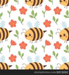 Seamless pattern of bee, red flowers and green leaf on white background vector illustration. Cute hand drawn floral pattern. Vector illustration