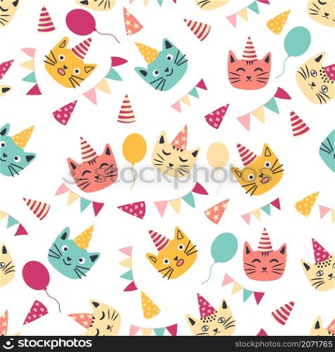 seamless pattern of birthday celebration elements - balloons, gifts, flag, cake, cute cat in hat. Greeting birthday card template. Color garland flags, cute cat in crown and confetti. seamless pattern of birthday celebration elements - balloons, gifts, flag, cake, cute cat in hat