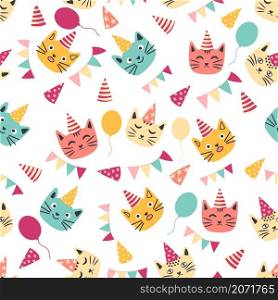 seamless pattern of birthday celebration elements - balloons, gifts, flag, cake, cute cat in hat. Greeting birthday card template. Color garland flags, cute cat in crown and confetti. seamless pattern of birthday celebration elements - balloons, gifts, flag, cake, cute cat in hat