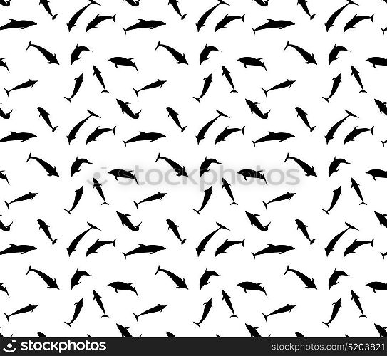Seamless pattern of black dolphins in different variants jump, fly, swim, dive . Vector Illustration. EPS10. Seamless pattern of black dolphins in different variants jump,