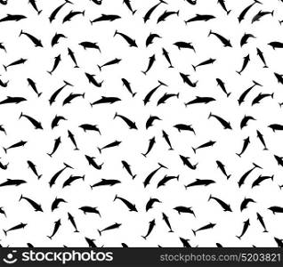 Seamless pattern of black dolphins in different variants jump, fly, swim, dive . Vector Illustration. EPS10. Seamless pattern of black dolphins in different variants jump,