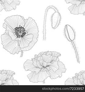seamless pattern of black, gold, red and white poppies. seamless pattern of black and white poppies