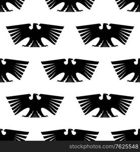 Seamless pattern of black silhouetted imperial eagle with long wing feathers and tail isolated on white for heraldic design. Seamless pattern of Imperial eagle