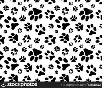 Seamless pattern of black silhouettes of prints of dog paw