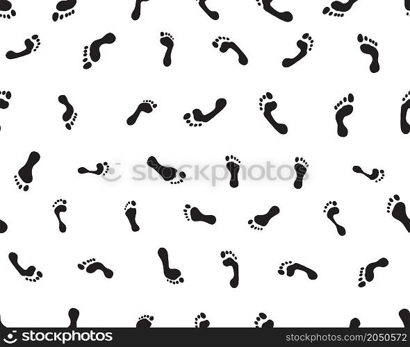 Seamless pattern of black silhouettes of prints of human feet