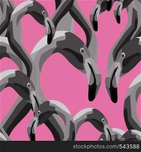 Seamless pattern of black white head of flamingo on pink background. Wallpaper composition animal