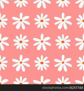 Seamless pattern of blooming chamomile flowers on stems on pink. Daisy wild camomiles. Cute plants, herbs for garden. Blossom, spring summer flower, leaves. Hand drawn flat vector illustration.