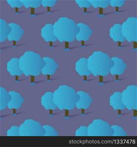 Seamless Pattern of Blue Gradient Trees and Grass on Purple Background. Shrubs in Public Park or Square. Creative Wallpaper Ornament, Print, Wrapping Paper Texture. 3d Isometric Vector Illustration. Seamless Pattern of Blue Gradient Trees and Grass