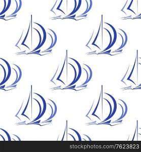 Seamless pattern of blue sailboats or yachts at sea with billowing sails in square format suitable for nautical wallpaper or textile