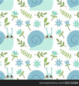 Seamless pattern of blue snail, flowers and green leaf on white background vector illustration. Cute hand drawn floral pattern. Vector illustration