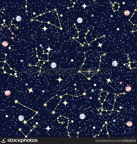 Seamless pattern of blue zodiac signs. Capricorn, Aries, Leo astrological symbols. Connected glowing stars on night sky map background.. Seamless pattern of blue zodiac signs. Capricorn, Aries, Leo astrological symbols