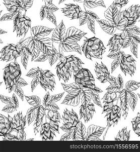 Seamless pattern of botany hand drawn sketch hop isolated on white background. Line drawing. Herbal frame. Natural food collection. Vintage vector illustration.. Seamless pattern botany hand drawn sketch hop isolated on white background. Line drawing. Herbal frame. Natural food collection.