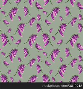 seamless pattern of branches with blooming purple flowers mouse peas on a green background