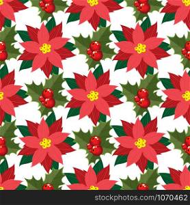 Seamless pattern of bright and delicate poinsettia and Holly leaves and red mistletoe berries. Vector illustration