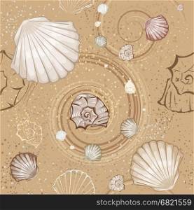 seamless pattern of brown and beige stylized sea shell on the beige, sandy ground.&#xA;