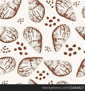 Seamless pattern of brown seashells. Marine background. Hand drawn vector illustration. For invitations, cards, posters, print, banners, advertising, textile, wallpaper and bed linen. Seamless pattern brown hand drawn seashells vector illustration
