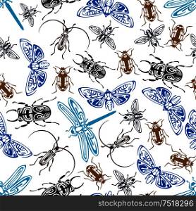 Seamless pattern of bugs and flying insects, adorned by ethnic tribal ornaments. Seamless background of moths, flies and dragonflies, stag beetles, stink bugs and click beetles. Seamless pattern of bugs and insects
