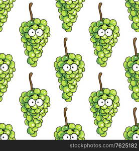 Seamless pattern of bunches of green grapes with googly eyes and a happy smile in repeat motif in square format