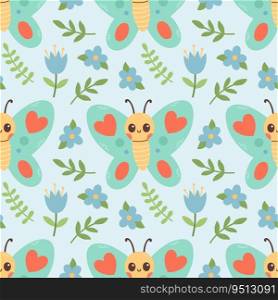 Seamless pattern of butterfly, blue flowers and green leaf on blue background vector illustration. Cute hand drawn floral pattern. Vector illustration
