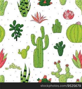 Seamless pattern of cactus. Variants of different cacti on a white background. Hand drawn vector illustration. Backdrop for wallpaper, textile, fabric, wrapping.