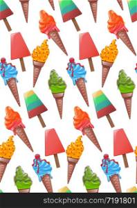 Seamless pattern of cartoon colored ice cream with various decorations. Vector background for your design and creativity. Seamless pattern of cartoon colored ice cream with various decor