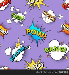 Seamless pattern of cartoon comic speech bubbles with different sounds. Retro bubble sound speech, illustration of comic cartoon cloud. Seamless pattern of cartoon comic speech bubbles with different sounds
