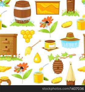 Seamless pattern of cartoon elements of beekeeping on white background.