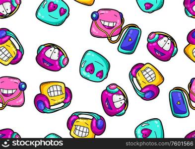 Seamless pattern of cartoon funny characters listening to music. Cute kawaii art in modern comic style.. Seamless pattern of cartoon funny characters listening to music.
