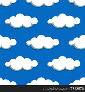 Seamless pattern of cartoon white clouds on summer blue sky background, for nature or weather themes. White clouds on blue sky seamless pattern