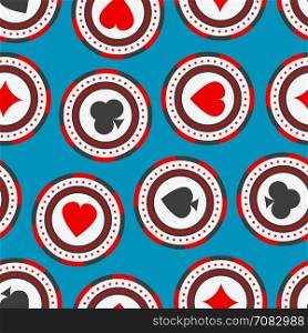 Seamless pattern of casino chips with card suits. Gambling vector backdrop. Endless background